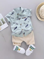 2pcs Baby Boys Feather Pattern Shirt & Shorts Set