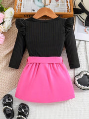 Baby Girl's Ribbed Knit Ruffle Long Sleeve Romper Belted Pocket Skirt Set