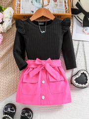 Baby Girl's Ribbed Knit Ruffle Long Sleeve Romper Belted Pocket Skirt Set