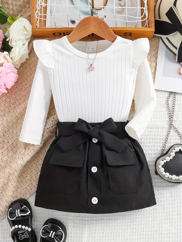 Baby Girl's Ribbed Knit Ruffle Long Sleeve Romper Belted Pocket Skirt Set