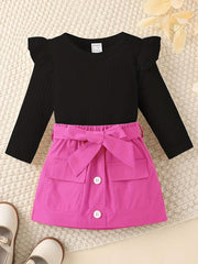 Baby Girl's Ribbed Knit Ruffle Long Sleeve Romper Belted Pocket Skirt Set