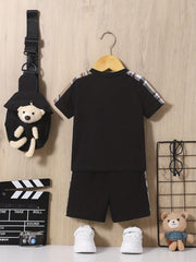 3pcs Baby Boys Plaid T-shirt & Shorts Set with Bear Sling Bag