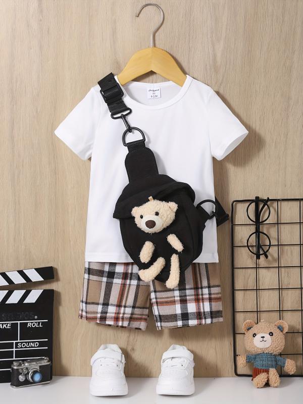 3pcs Baby Boys Plaid T-shirt & Shorts Set with Bear Sling Bag