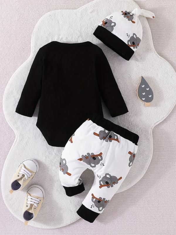 Baby Boys Cotton Koala Print Bodysuit Pants Hat Set