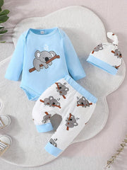 Baby Boys Cotton Koala Print Bodysuit Pants Hat Set
