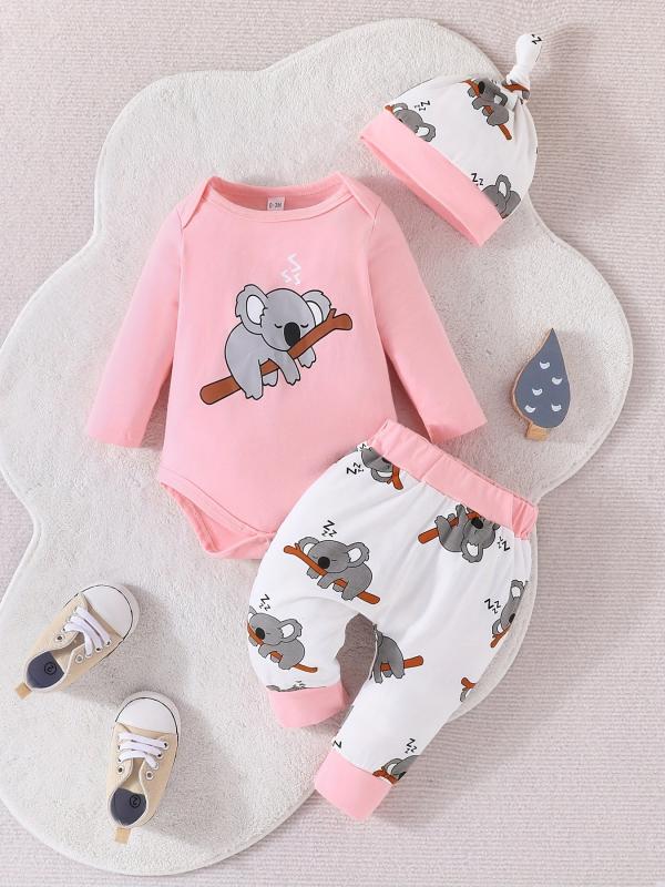 Baby Boys Cotton Koala Print Bodysuit Pants Hat Set