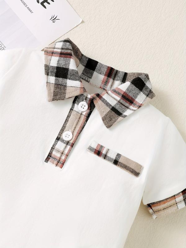 2pcs Baby Boys Short Sleeve Polo Shirt & Plaid Shorts Set