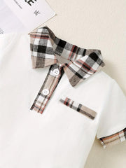 2pcs Baby Boys Short Sleeve Polo Shirt & Plaid Shorts Set
