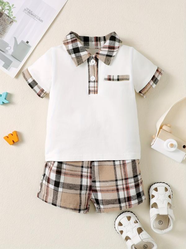 2pcs Baby Boys Short Sleeve Polo Shirt & Plaid Shorts Set