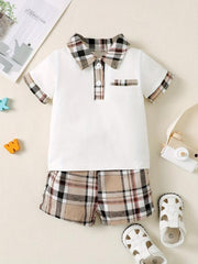 2pcs Baby Boys Short Sleeve Polo Shirt & Plaid Shorts Set