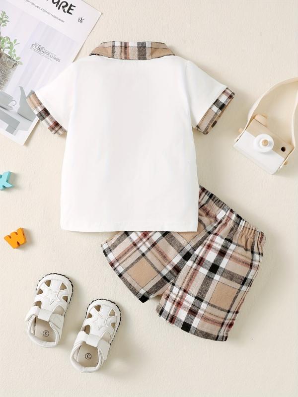 2pcs Baby Boys Short Sleeve Polo Shirt & Plaid Shorts Set
