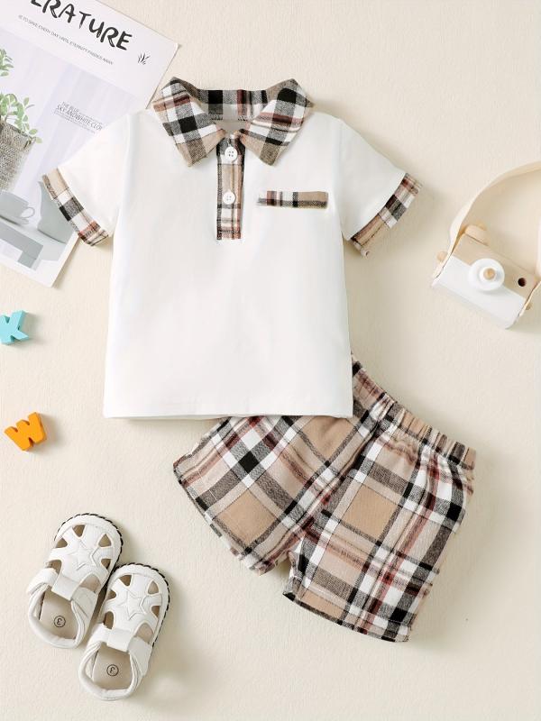 2pcs Baby Boys Short Sleeve Polo Shirt & Plaid Shorts Set