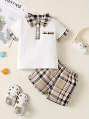2pcs Baby Boys Short Sleeve Polo Shirt & Plaid Shorts Set