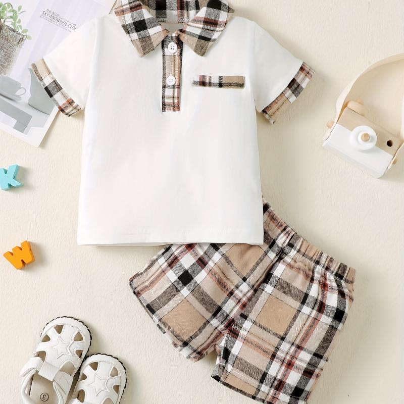 2pcs Baby Boys Short Sleeve Polo Shirt & Plaid Shorts Set