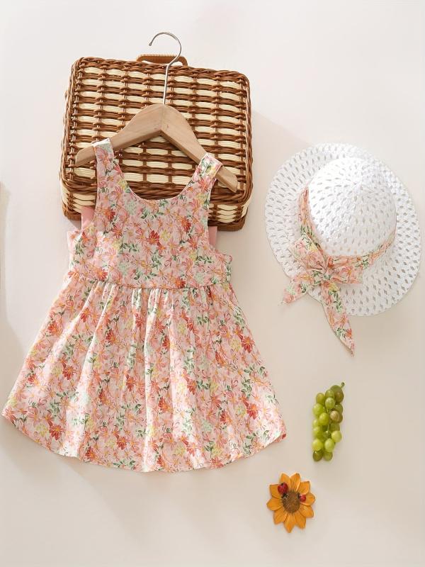 2pcs Baby Girls Floral Sleeveless Dress & Hat Set