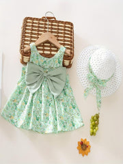 2pcs Baby Girls Floral Sleeveless Dress & Hat Set