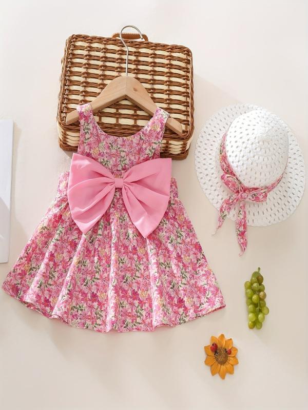 2pcs Baby Girls Floral Sleeveless Dress & Hat Set