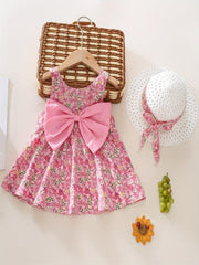 2pcs Baby Girls Floral Sleeveless Dress & Hat Set