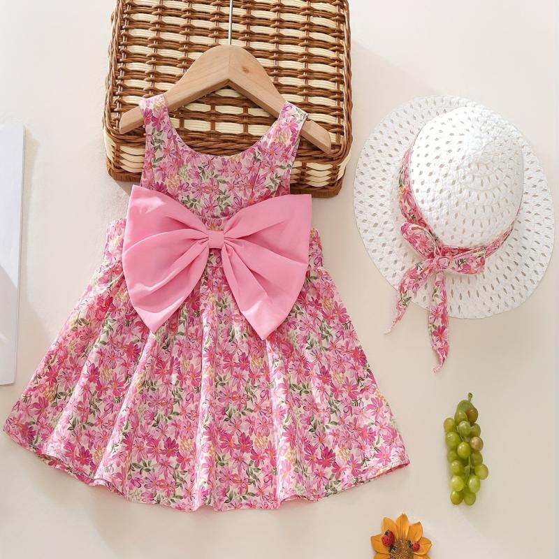 2pcs Baby Girls Floral Sleeveless Dress & Hat Set