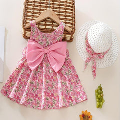 2pcs Baby Girls Floral Sleeveless Dress & Hat Set