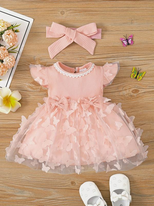 2pcs Baby Girls Butterfly Princess Dress & Headband Set