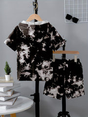 Boys Funny Face Tie Dye Hooded T-shirt & Shorts Set