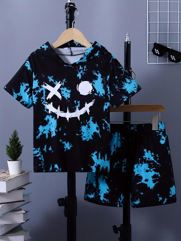 Boys Funny Face Tie Dye Hooded T-shirt & Shorts Set