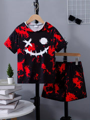 Boys Funny Face Tie Dye Hooded T-shirt & Shorts Set
