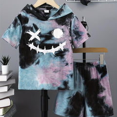 Boys Funny Face Tie Dye Hooded T-shirt & Shorts Set