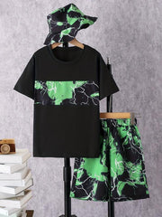 Boys Marble Graphic T Shirt Top & Shorts Set with Bucket Hat