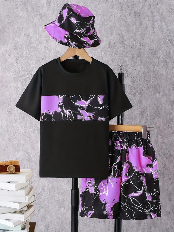 Boys Marble Graphic T Shirt Top & Shorts Set with Bucket Hat