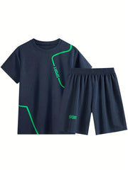 Kids Summer Sports Suit Short Sleeves Round Neck Tops & Bottoms