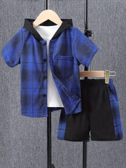 Boys Plaid Outfit Short Sleeves Button Down Hooded Shirt & Shorts