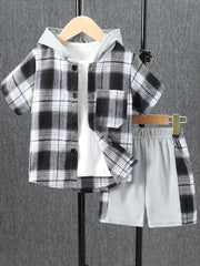 Boys Plaid Outfit Short Sleeves Button Down Hooded Shirt & Shorts