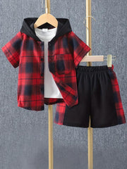 Boys Plaid Outfit Short Sleeves Button Down Hooded Shirt & Shorts