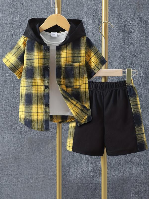 Boys Plaid Outfit Short Sleeves Button Down Hooded Shirt & Shorts