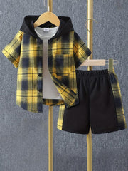 Boys Plaid Outfit Short Sleeves Button Down Hooded Shirt & Shorts