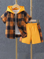 Boys Plaid Outfit Short Sleeves Button Down Hooded Shirt & Shorts