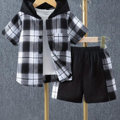 Boys Plaid Outfit Short Sleeves Button Down Hooded Shirt & Shorts