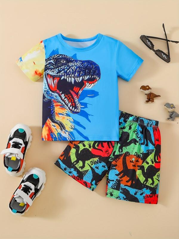 Boys Dinosaur Outfit Round Neck T-shirt & Shorts For Summer Kids Clothes