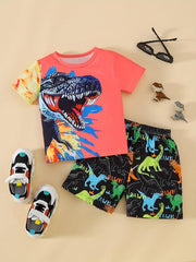 Boys Dinosaur Outfit Round Neck T-shirt & Shorts For Summer Kids Clothes