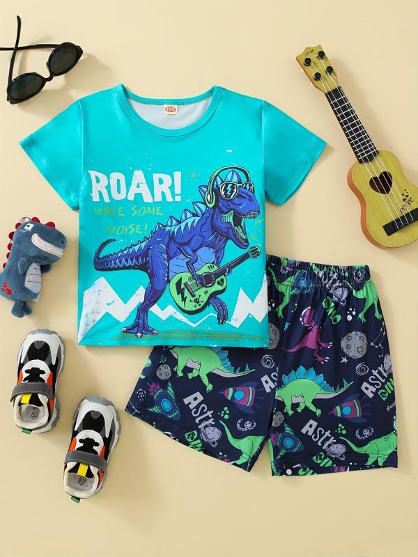 Boys Dinosaur Outfit Round Neck T-shirt & Shorts For Summer Kids Clothes