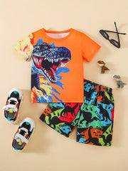 Boys Dinosaur Outfit Round Neck T-shirt & Shorts For Summer Kids Clothes