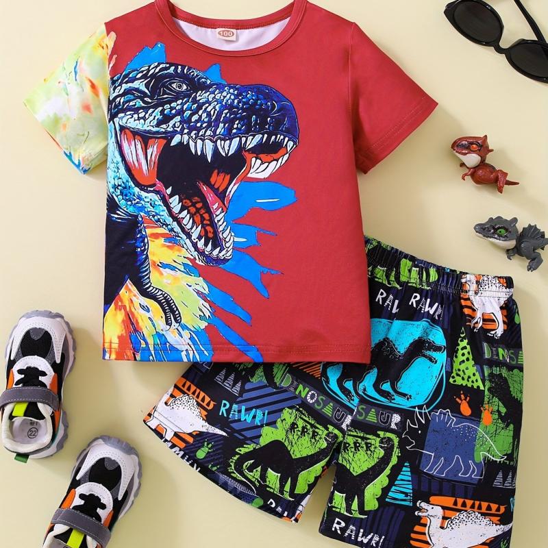 Boys Dinosaur Outfit Round Neck T-shirt & Shorts For Summer Kids Clothes