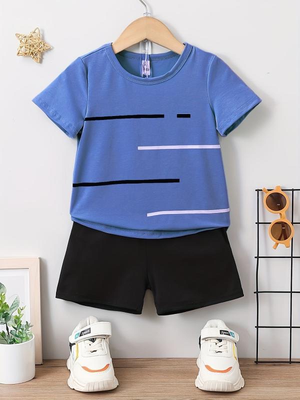 Boys Stripes Casual Outfit Round Neck T-shirt & Shorts Kids Summer Clothes Sets