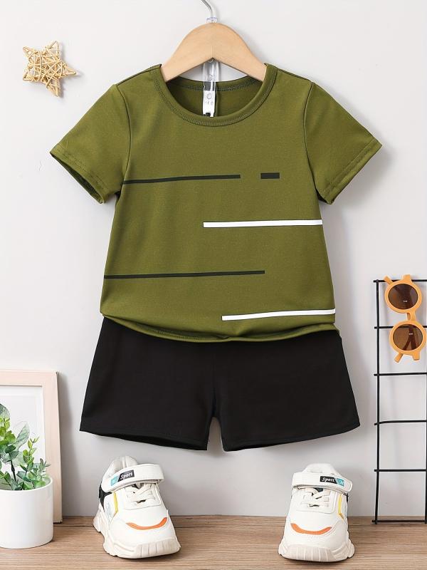 Boys Stripes Casual Outfit Round Neck T-shirt & Shorts Kids Summer Clothes Sets