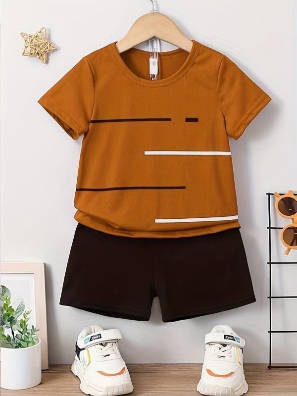 Boys Stripes Casual Outfit Round Neck T-shirt & Shorts Kids Summer Clothes Sets