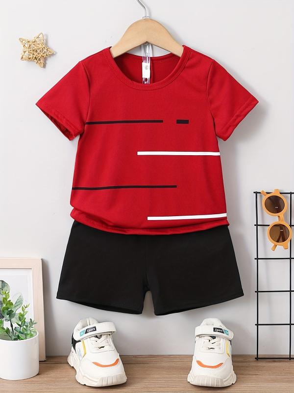 Boys Stripes Casual Outfit Round Neck T-shirt & Shorts Kids Summer Clothes Sets