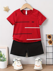 Boys Stripes Casual Outfit Round Neck T-shirt & Shorts Kids Summer Clothes Sets
