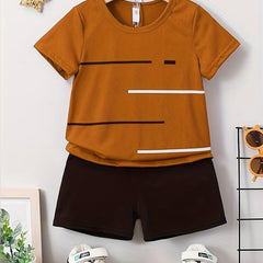 Boys Stripes Casual Outfit Round Neck T-shirt & Shorts Kids Summer Clothes Sets